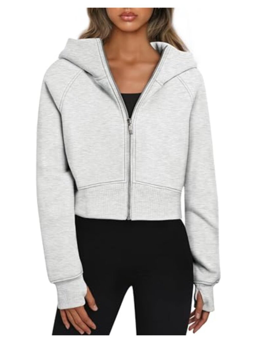 Women's Cropped Zip Up Hoodie Fleece Lined Oversized Sweatshirt with Thumb